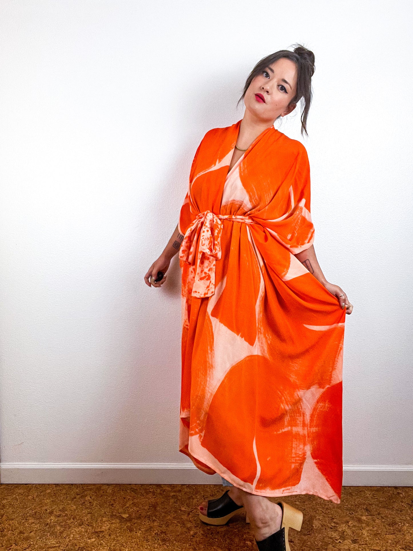 Hand-Dyed High Low Kimono Peach Orange Brushstroke