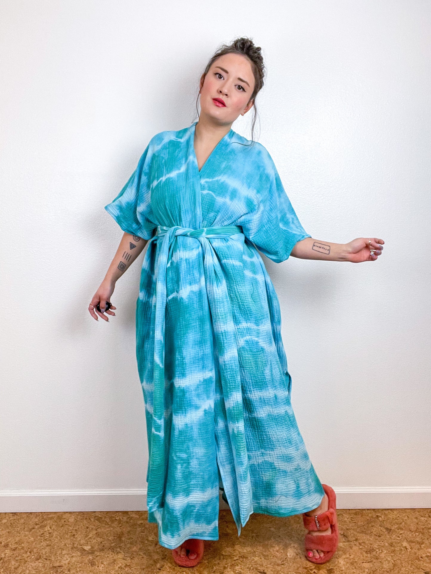 Double Gauze Duster Kimono Aqua Tie