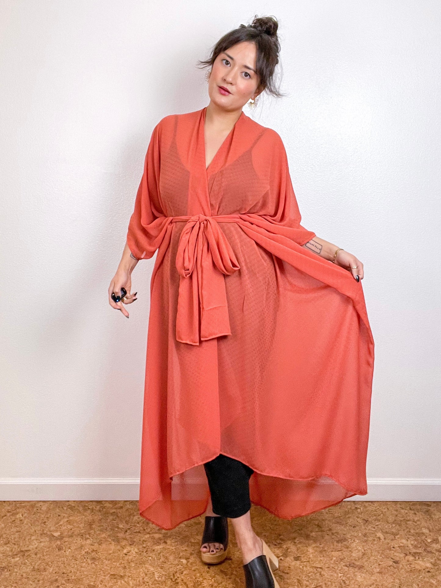 Solid High Low Kimono Orange Dots Chiffon