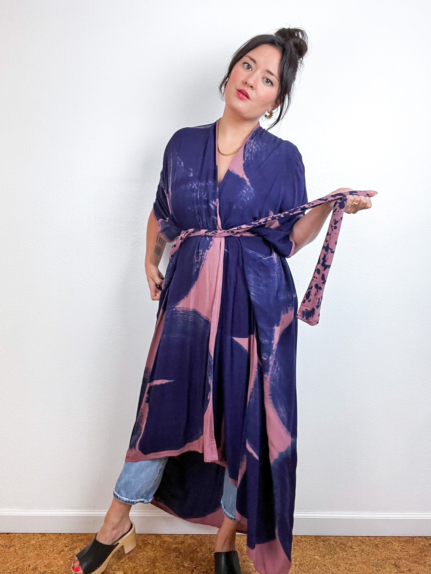 Hand-Dyed High Low Kimono Rose Indigo Arc