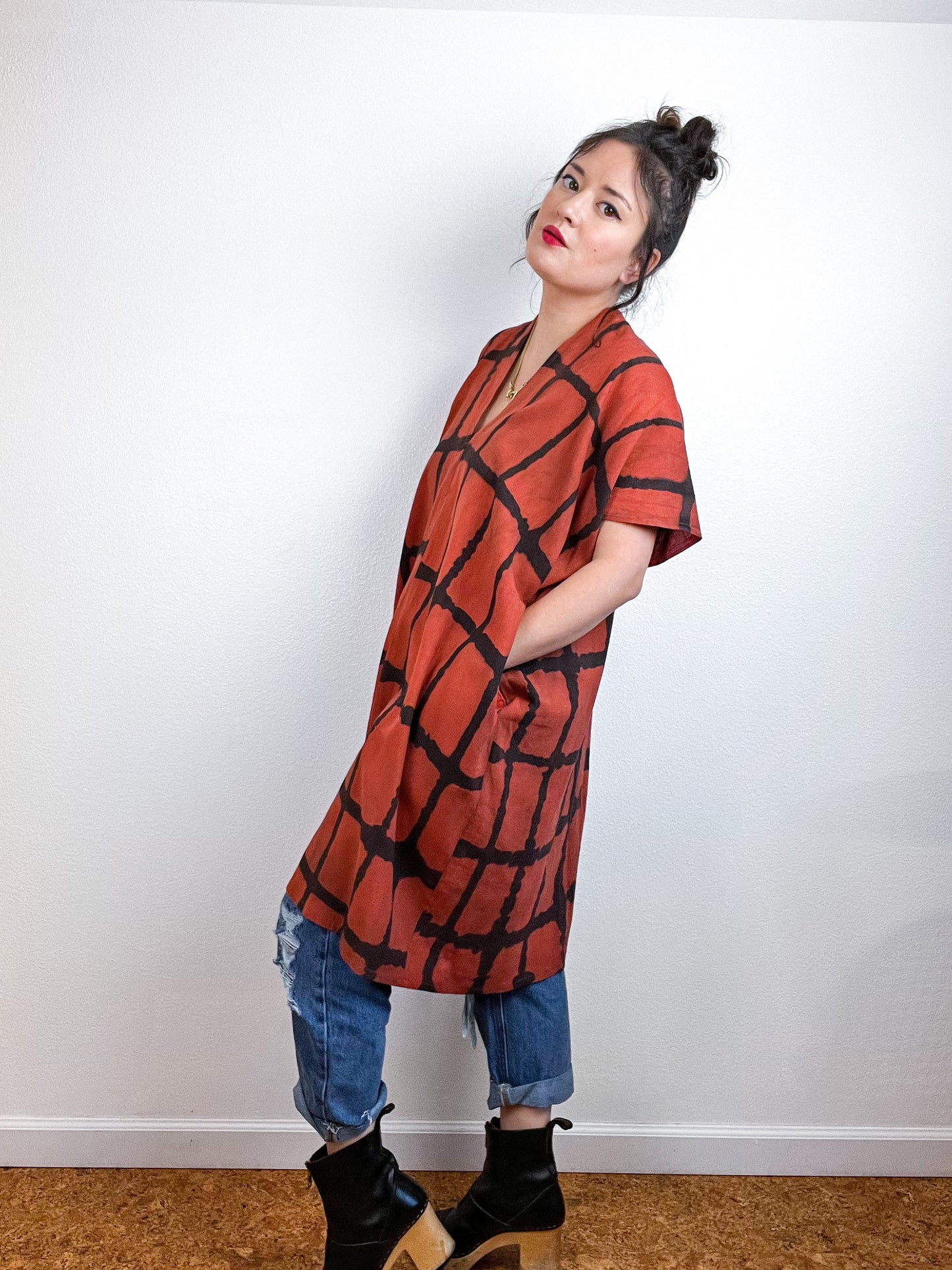 Hand-Dyed Mini Smock Dress Rust Black Windowpane