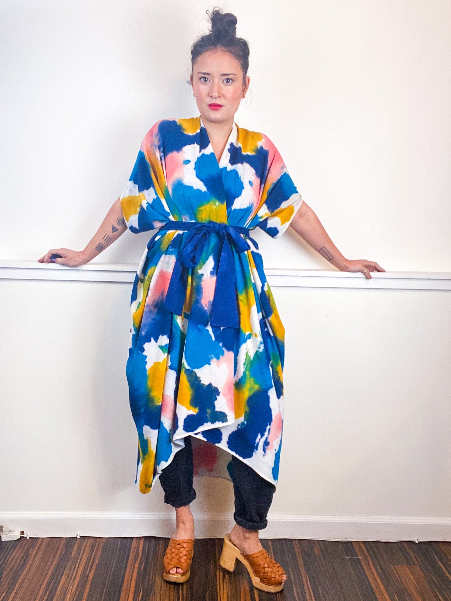 OOAK Hand-Dyed High Low Kimono Marigold Kingfisher Indigo Coral Inkblot
