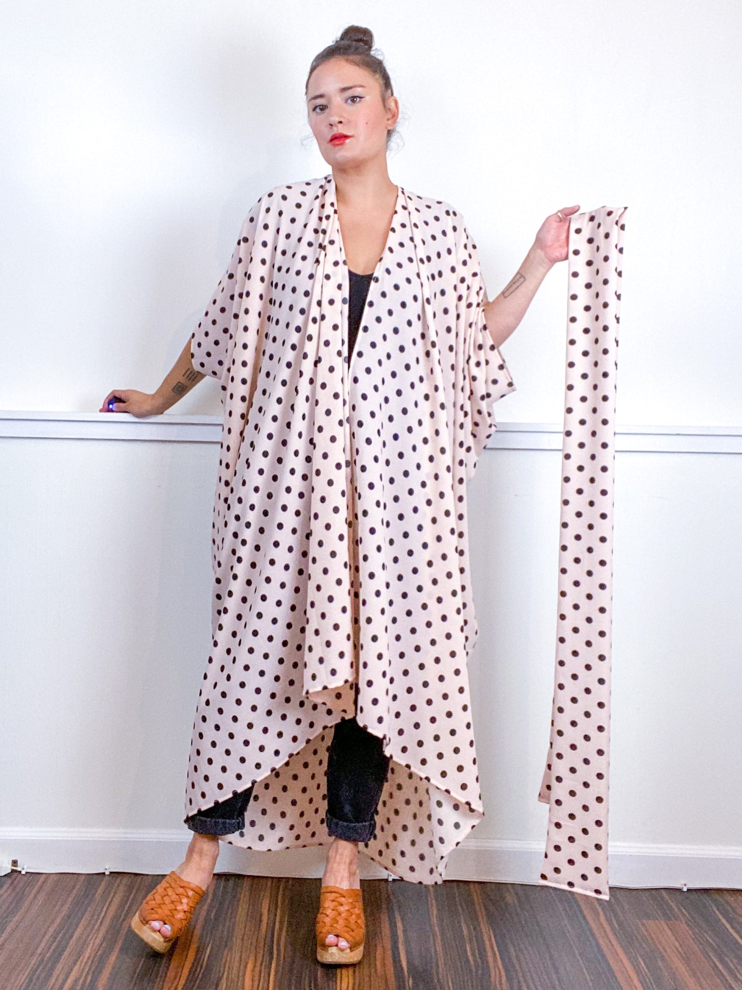 Print High Low Kimono Blush Polka Dots Bubble Crepe