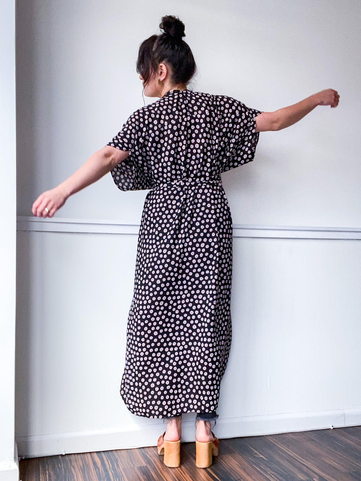 Print High Low Kimono Black Pink Dots