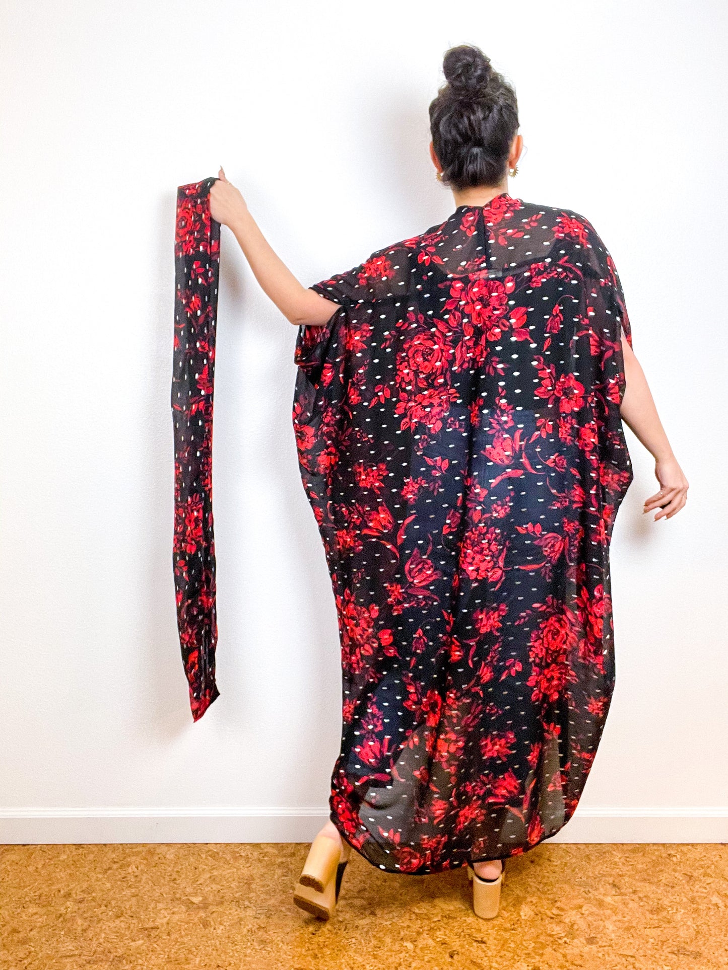 Print High Low Kimono Red Rose Silver Chiffon