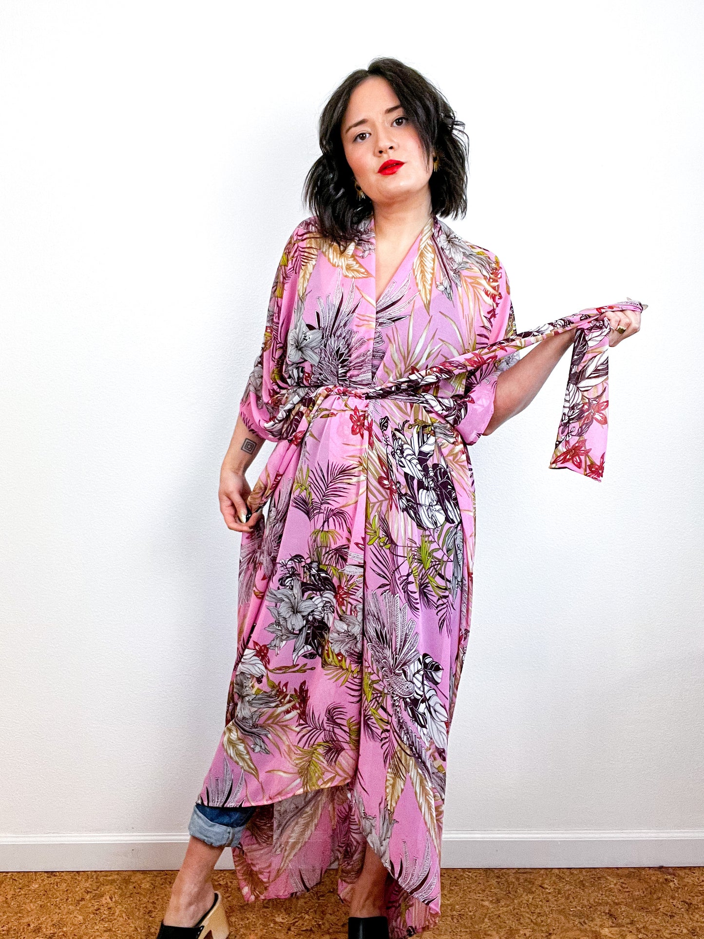 Print High Low Kimono Pink Tropical Floral Chiffon