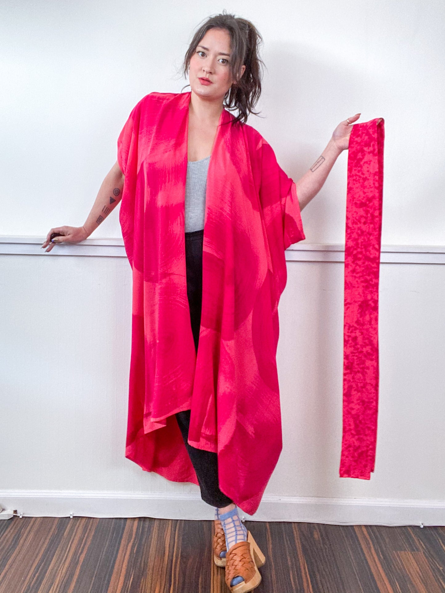 Hand-Dyed High Low Kimono Coral Fuchsia Brushstroke