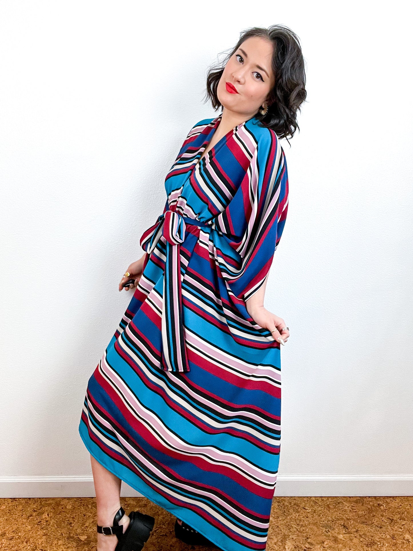 Print High Low Kimono Turquoise Maroon Stripe Bubble Crepe