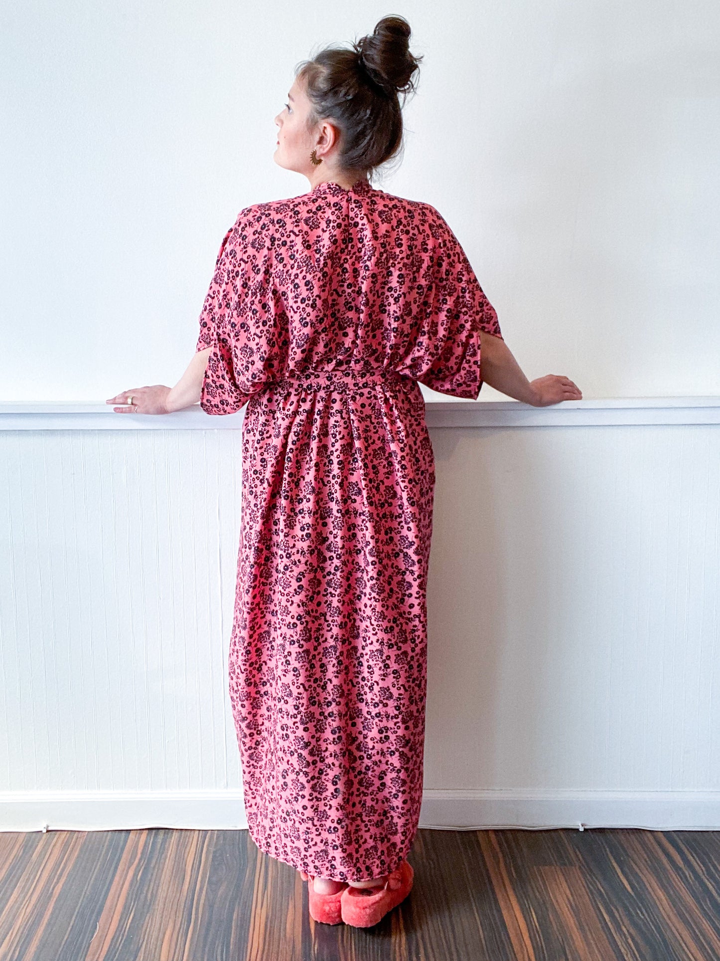 Print High Low Kimono Hot Pink Black Mini Floral Crepe de Chine
