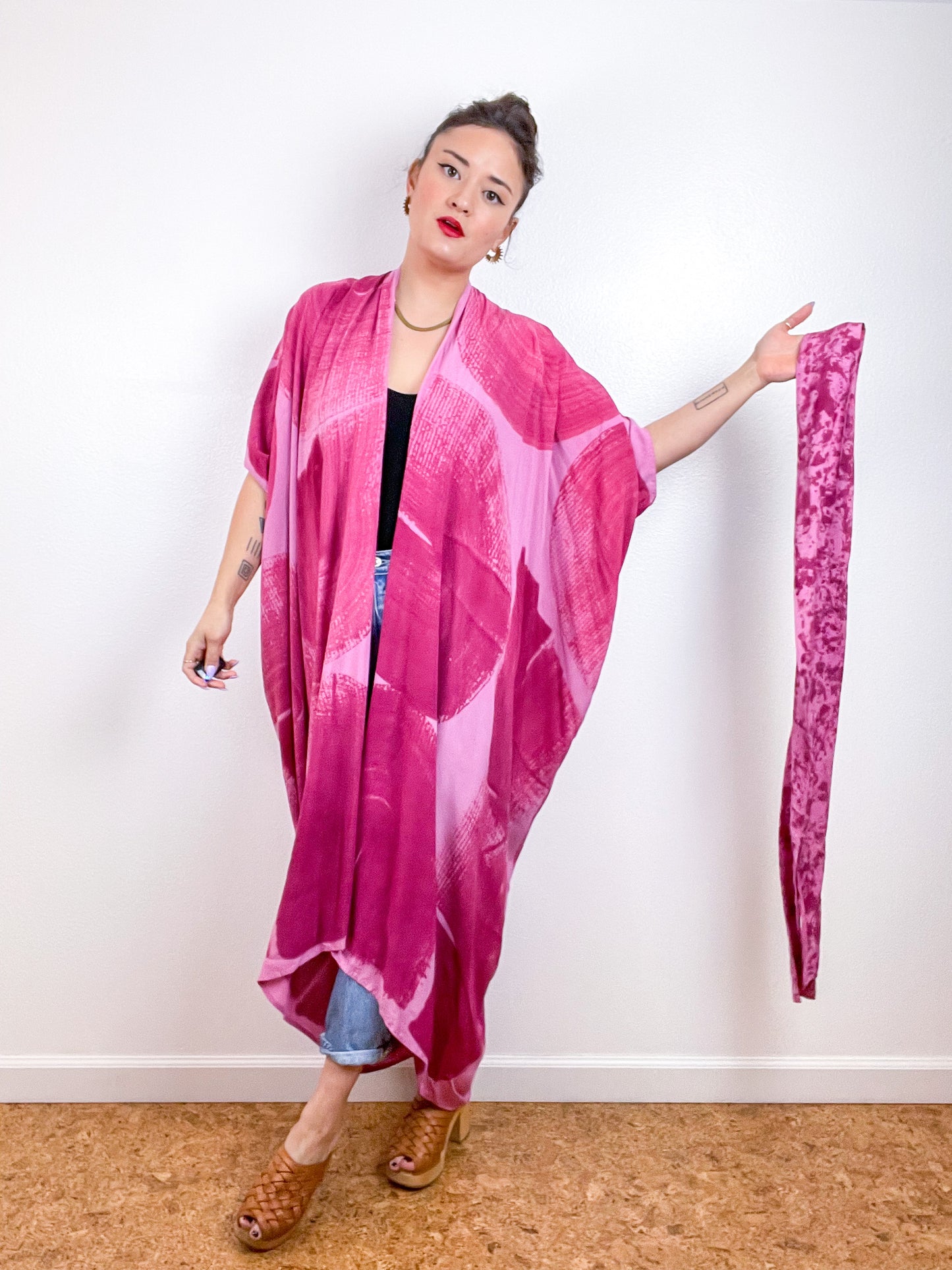 Hand-Dyed High Low Kimono Pink Magenta Brushstroke