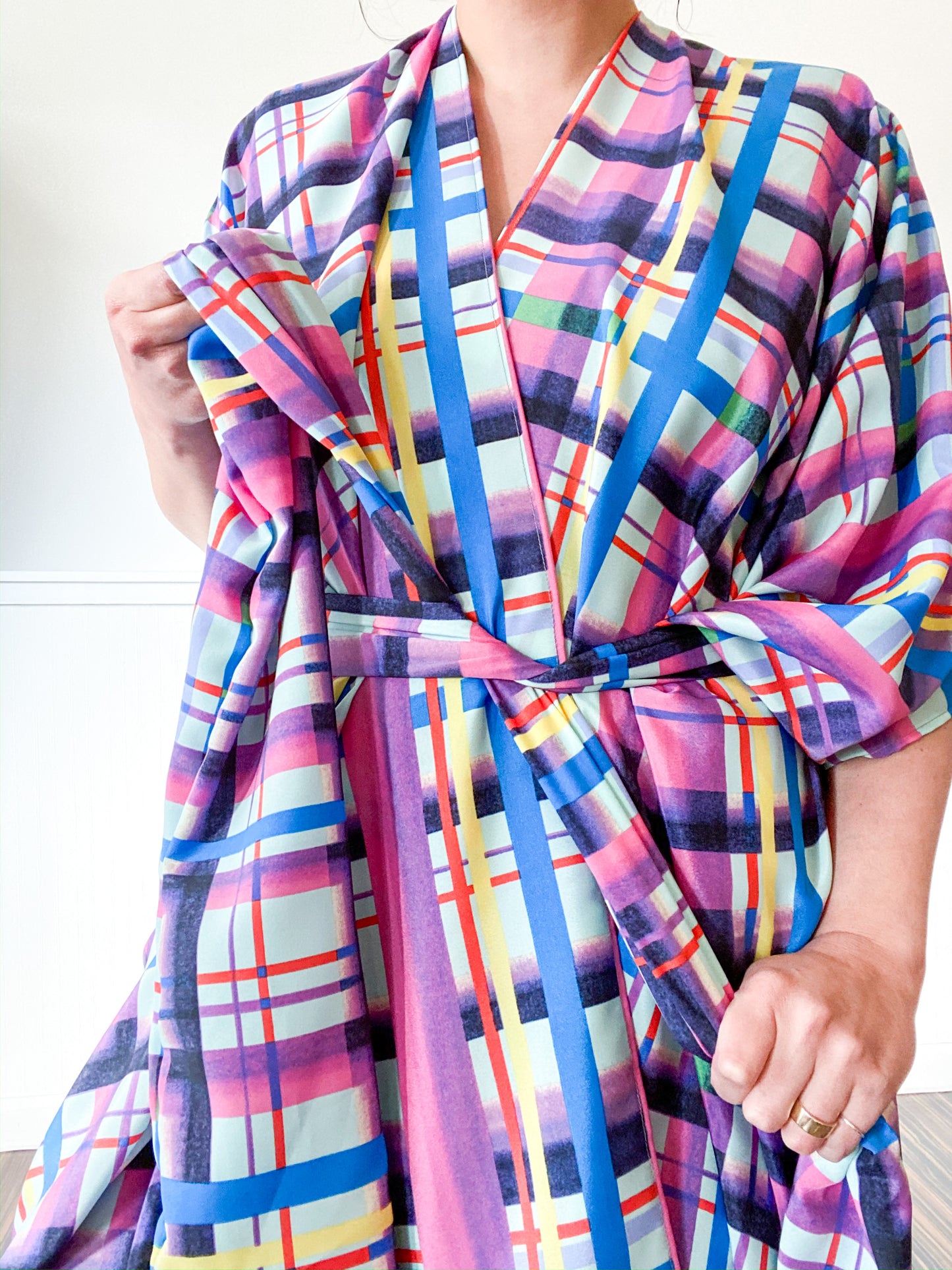Print High Low Kimono Aqua Lilac Plaid