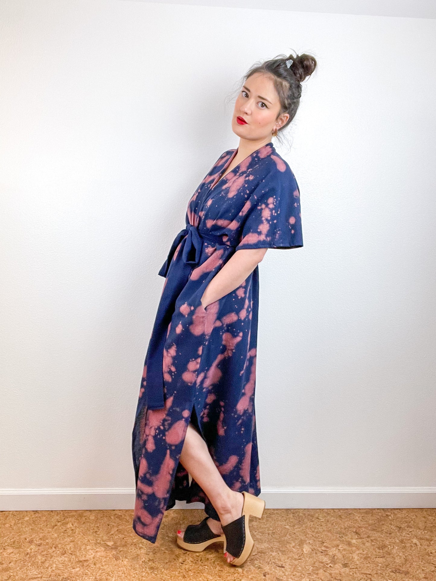 Single Gauze Duster Kimono Navy Peach Speckle