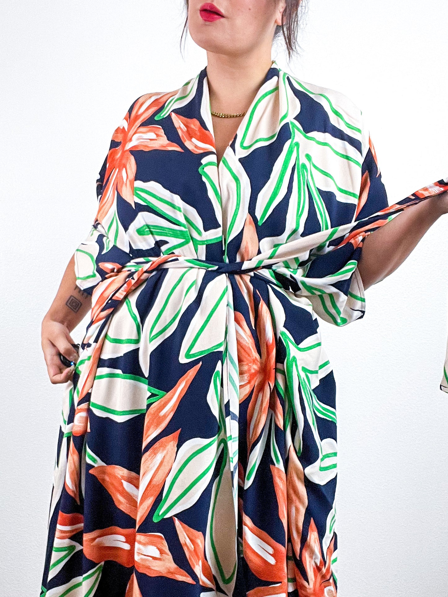 Print High Low Kimono Navy Green Rust Large Floral Challis