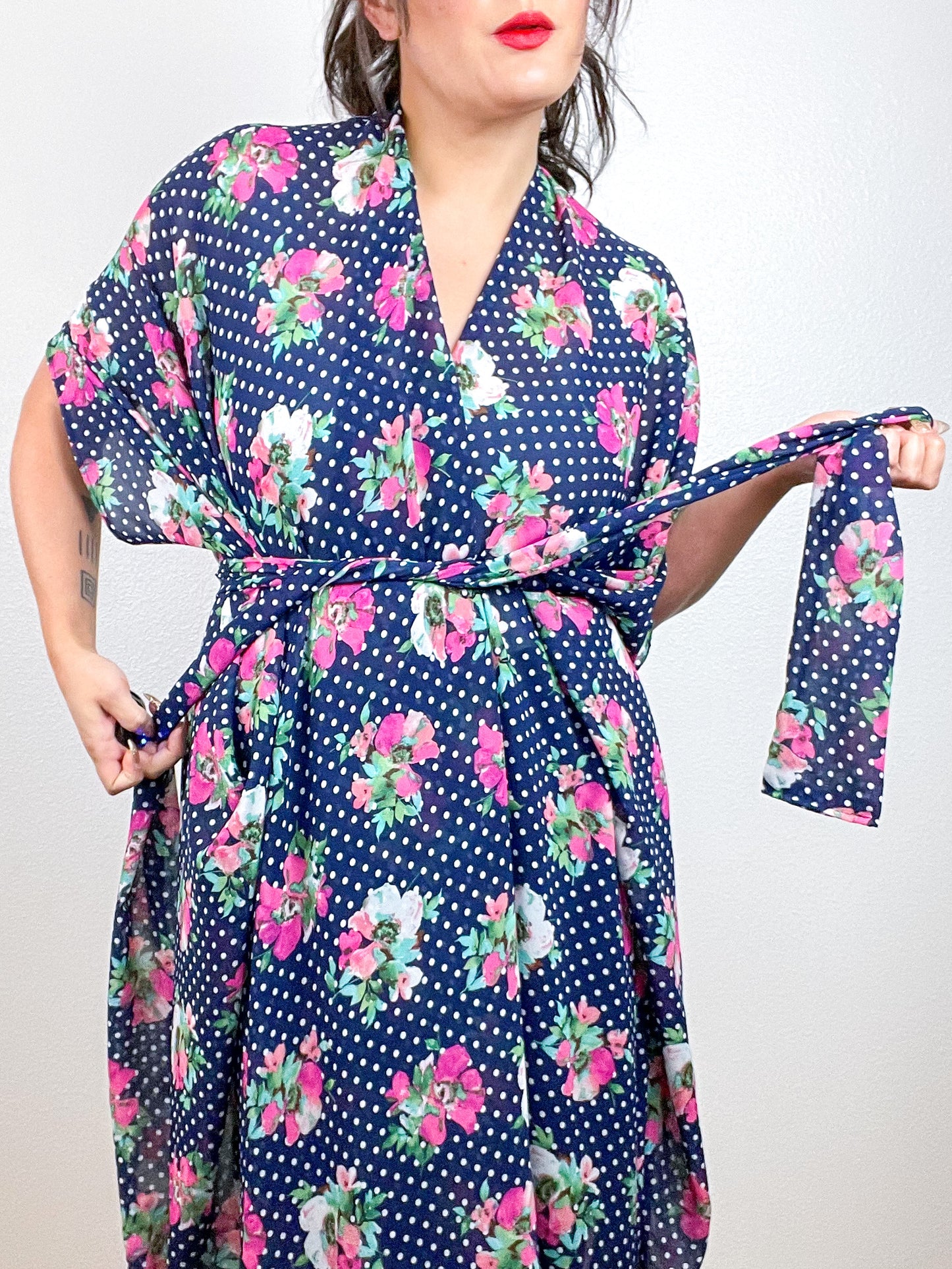 Print High Low Kimono Navy Floral Dots Chiffon
