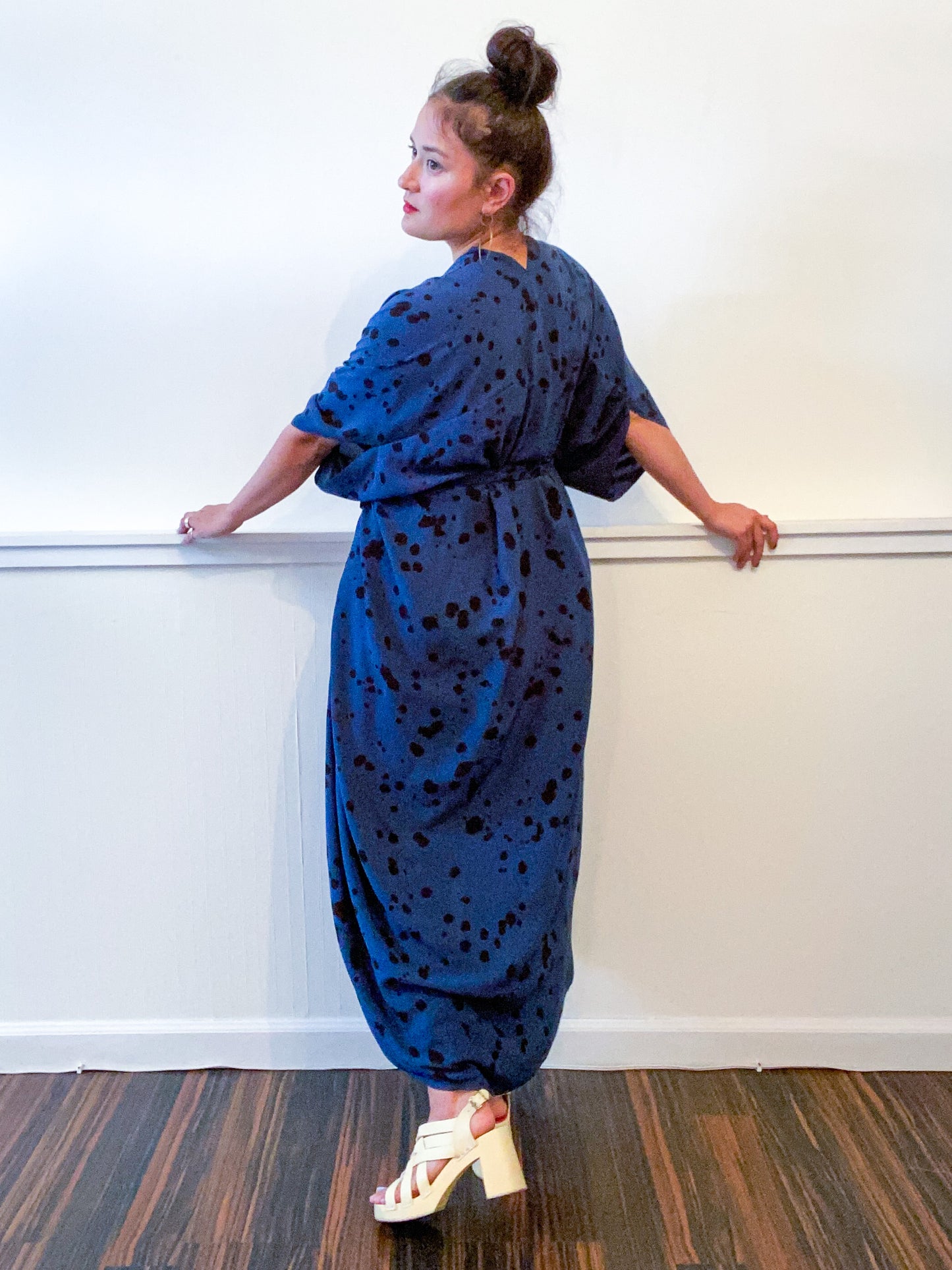 Hand-Dyed High Low Kimono Navy Black Pink Drops