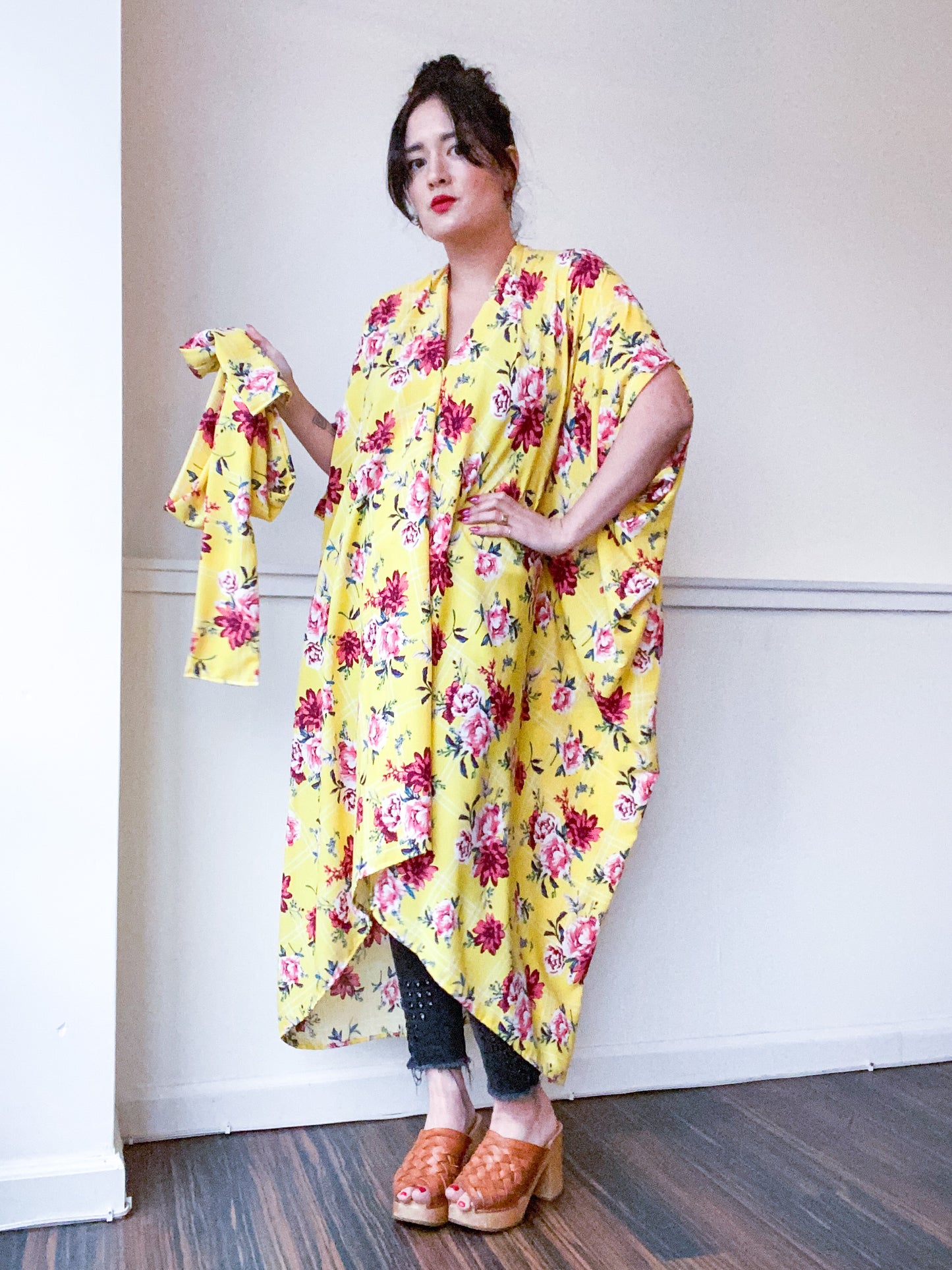 Print High Low Kimono Yellow Grid Floral Rayon Challis