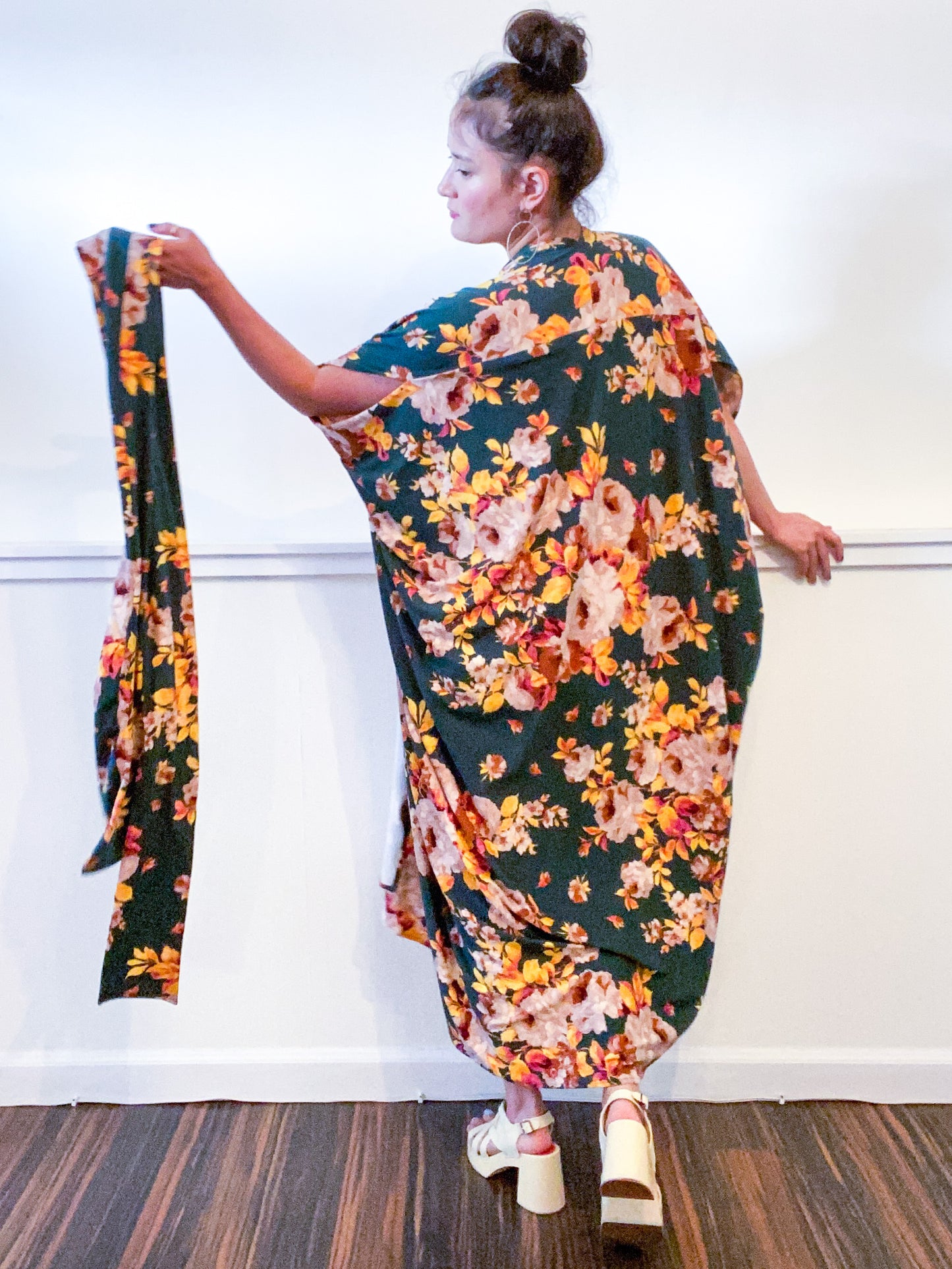 Print High Low Kimono Forest Green Rose Floral Knit