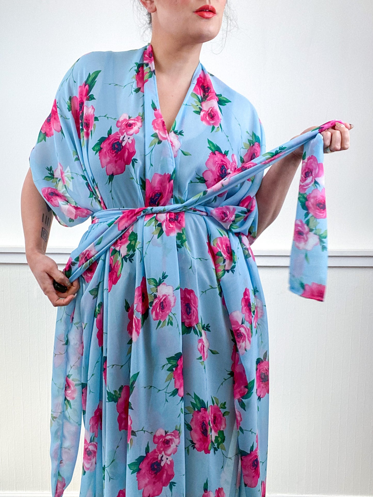 Print High Low Kimono Baby Blue Pink Rose Chiffon