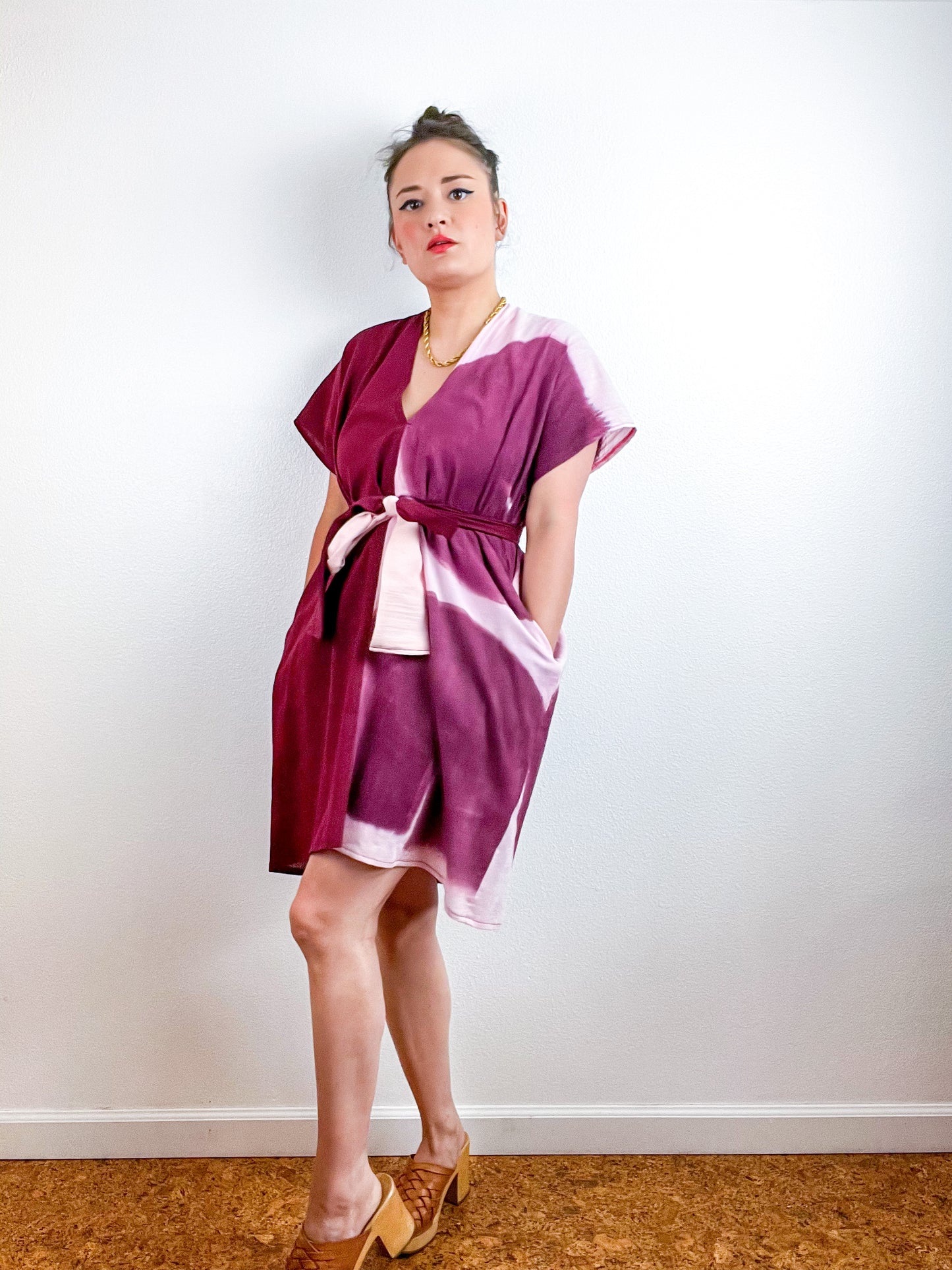Single Gauze Mini Caftan Dress Maroon Blush Brushstrokes