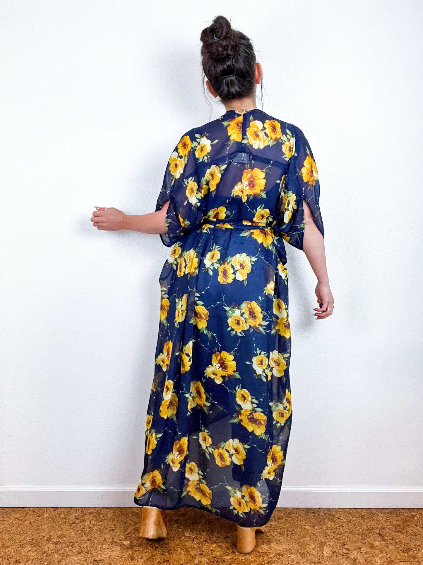Print High Low Kimono Navy Yellow Floral Chiffon