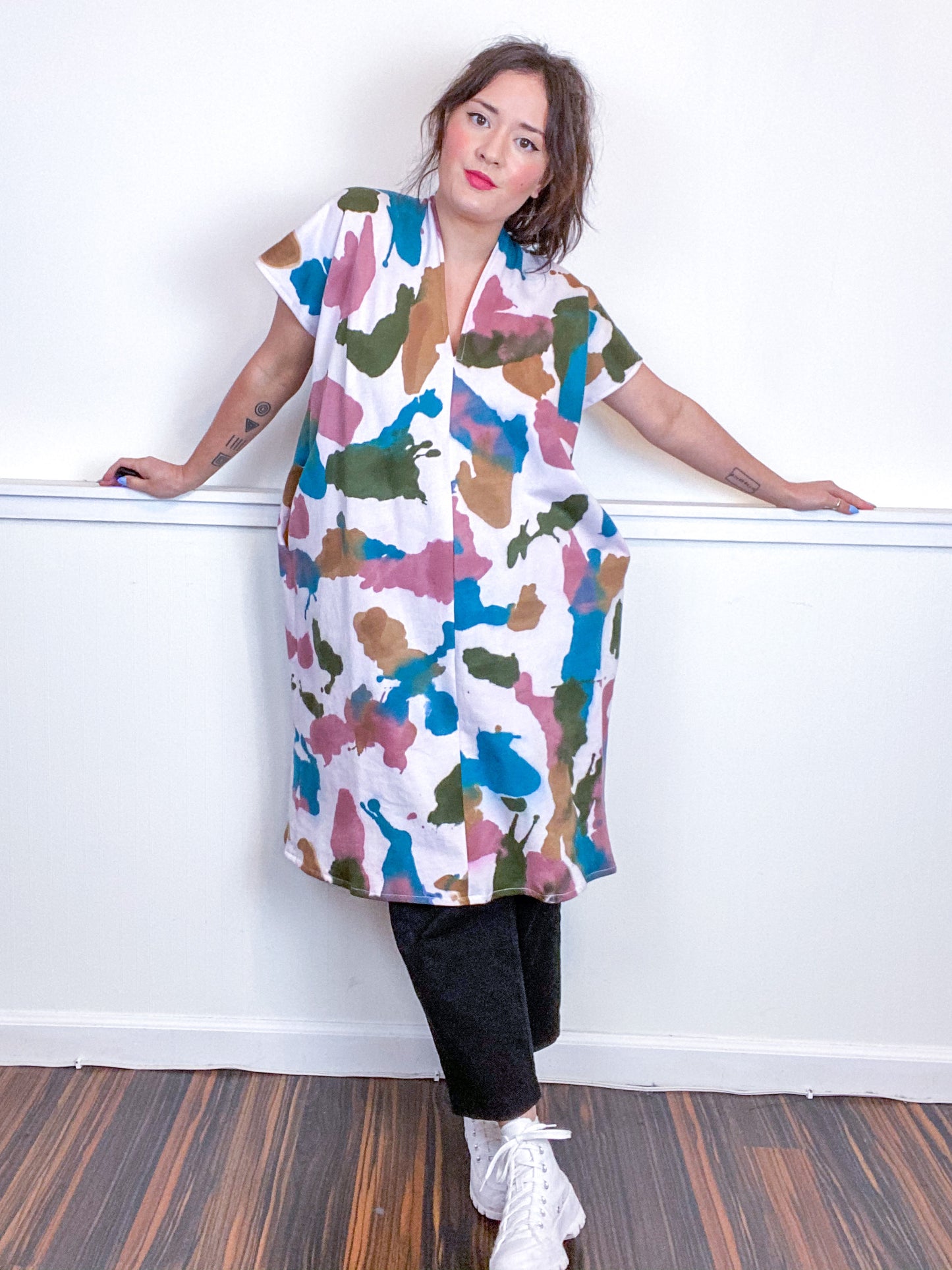 Hand-Dyed Sweatshirt Smock Dress Teal Maroon Moss Amber