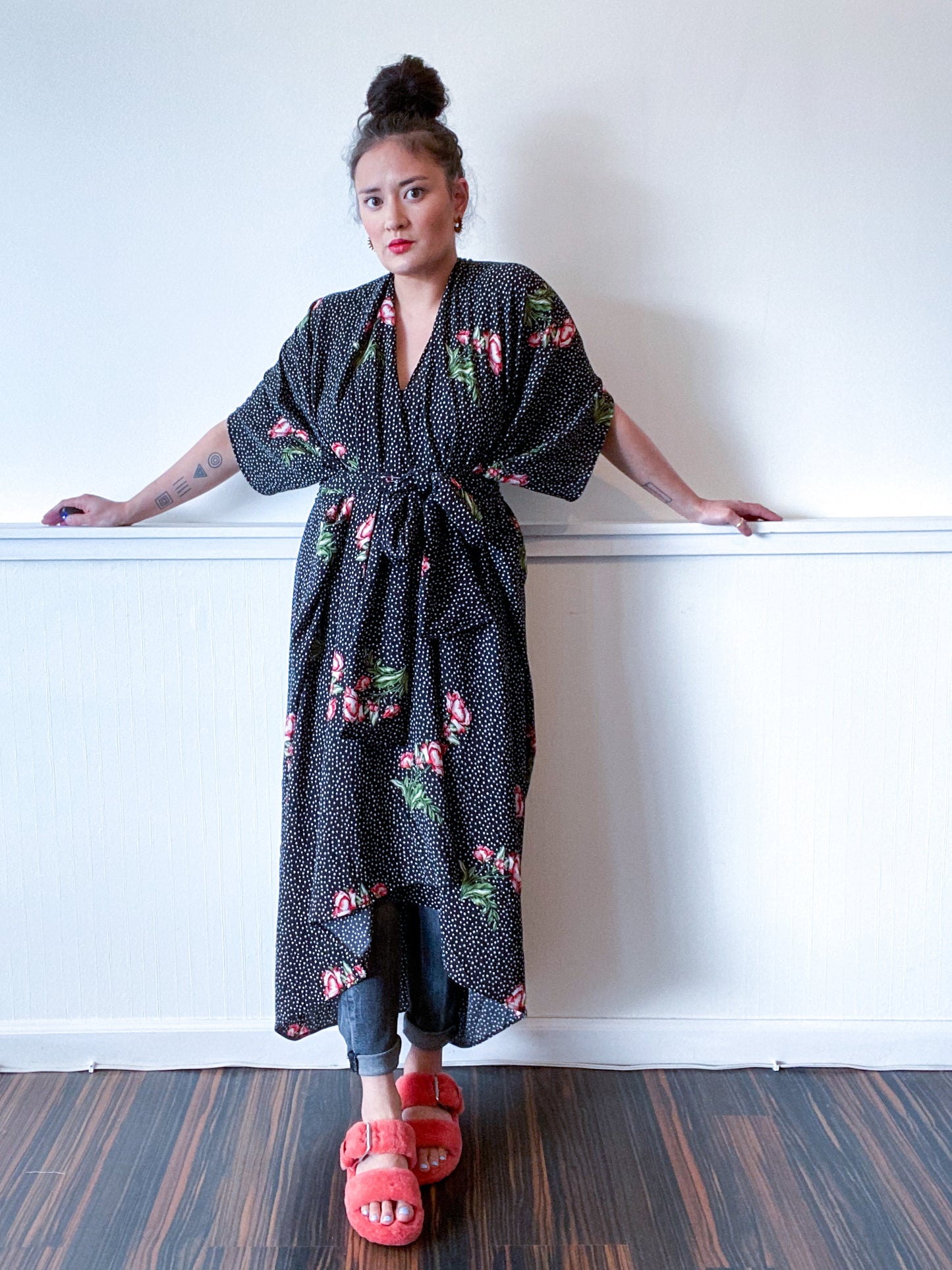 High Low Kimono Black Dots and Floral Bubble Crepe