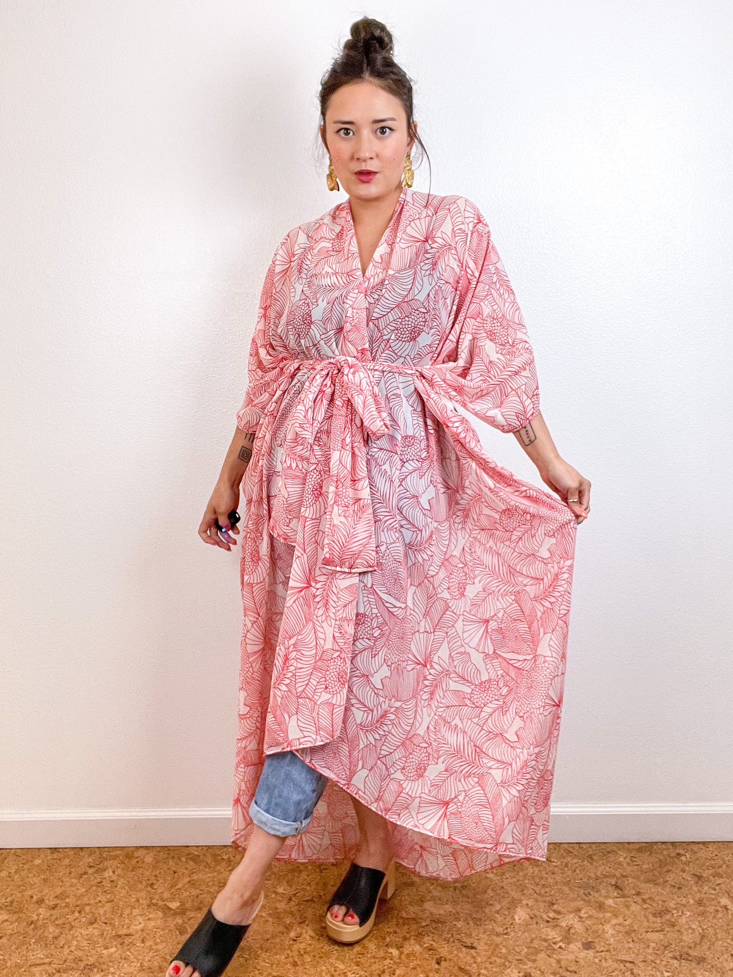 Print High Low Kimono Red Ivory Leaves Chiffon
