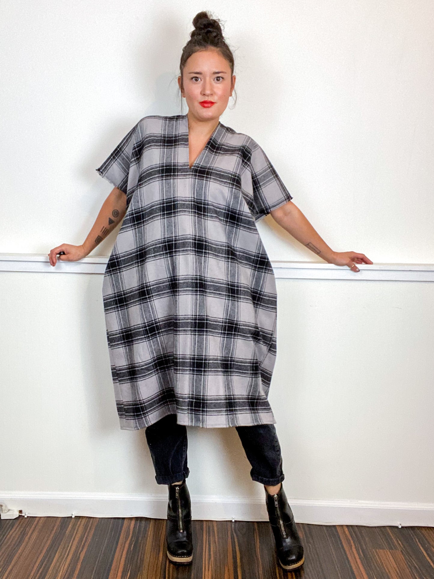 Plaid Smock Dress Classic Grey Size Medium