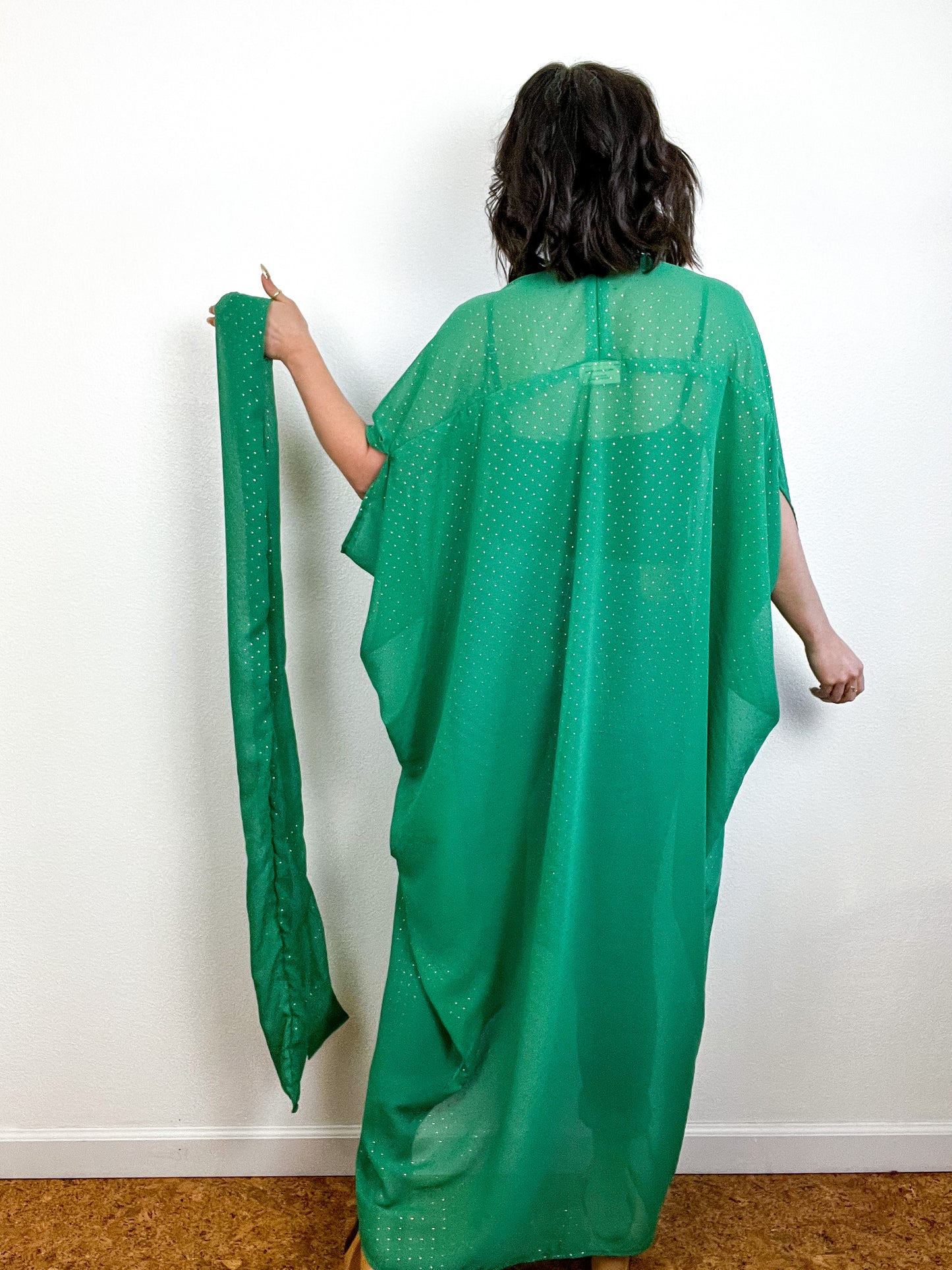 Print High Low Kimono Green Gold Pindot Chiffon