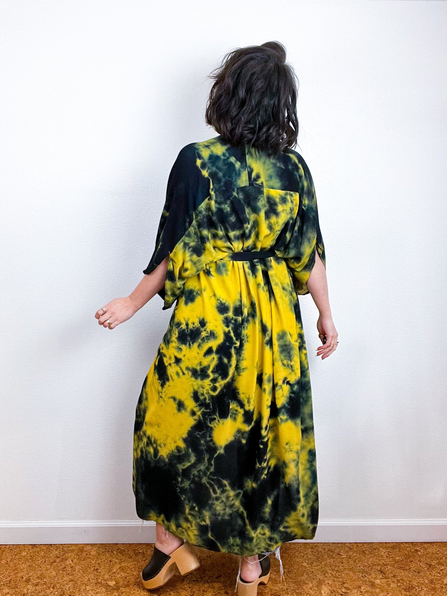 Hand-Dyed High Low Kimono Marigold Black Tie