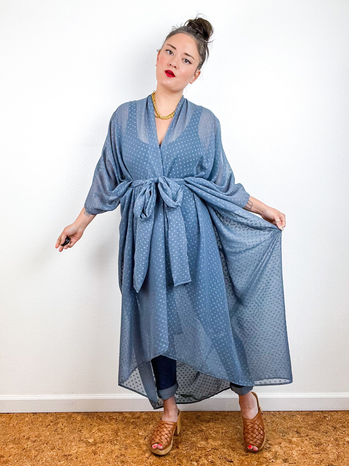 Solid High Low Kimono Slate Grey Swiss Dot Chiffon