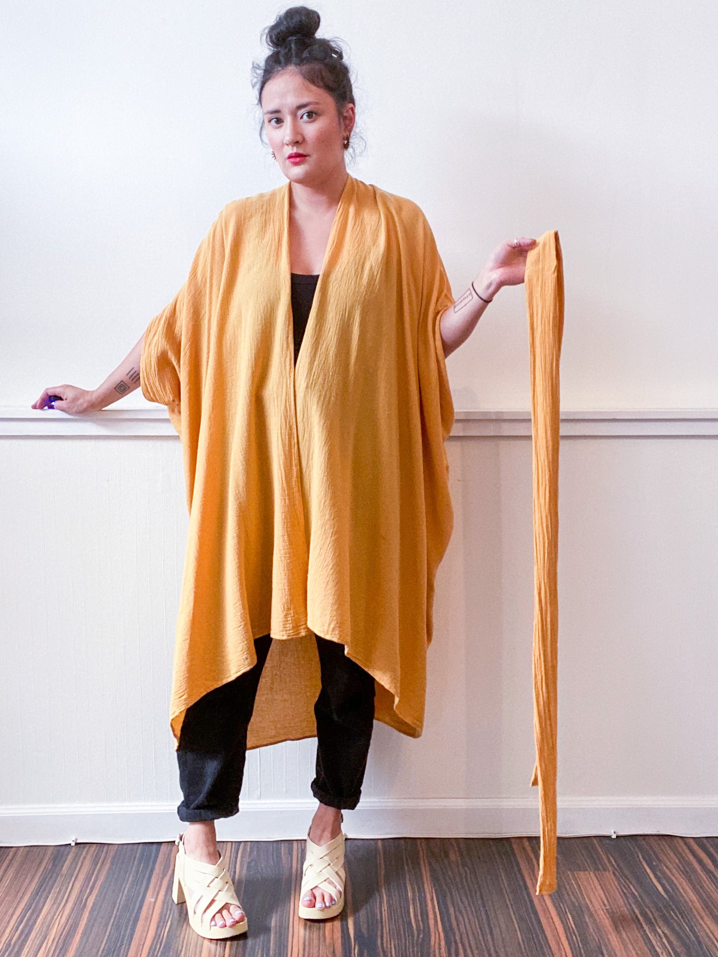Solid High Low Kimono Mustard Cotton Gauze
