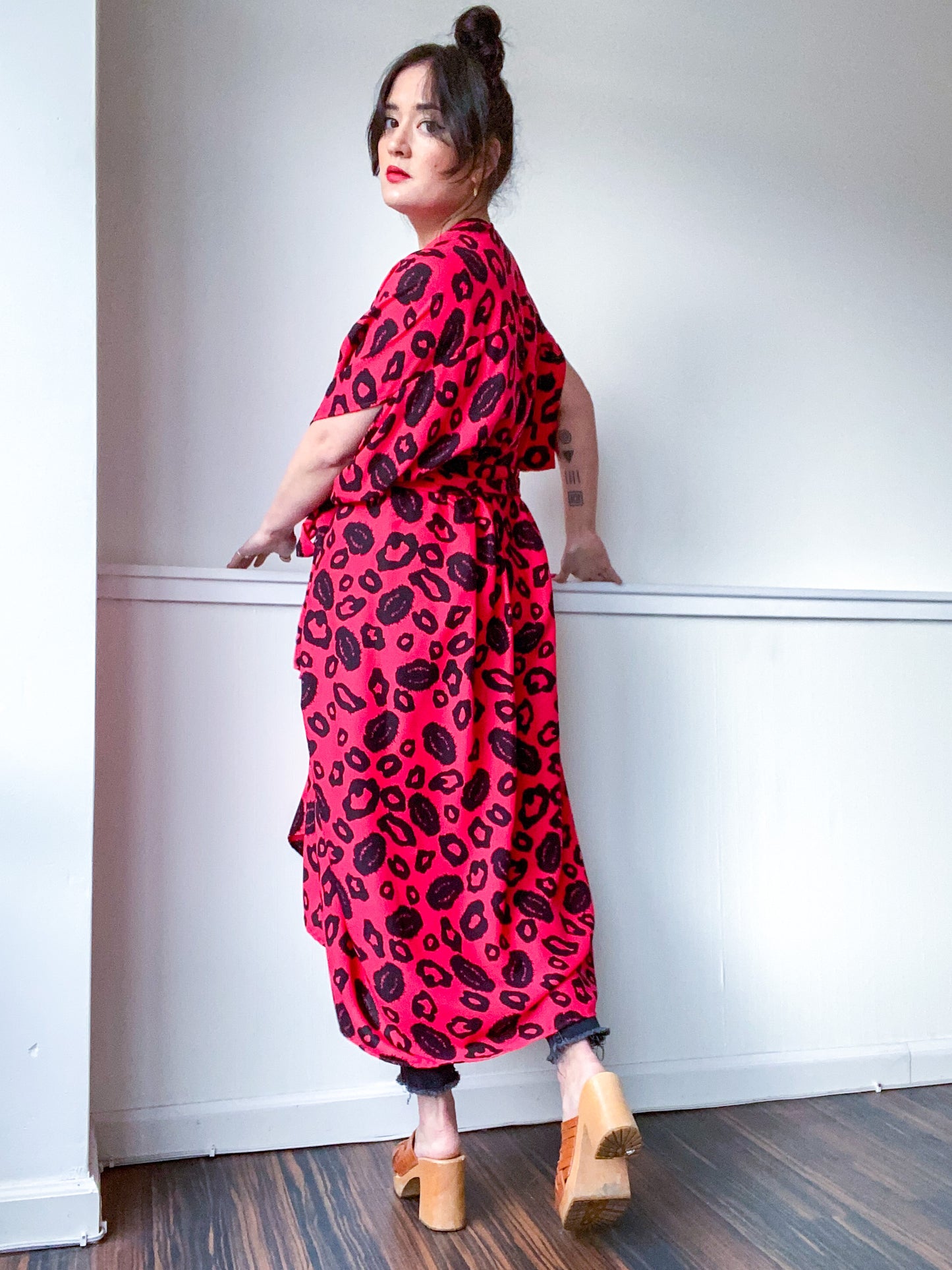 Print High Low Kimono Red Leopard
