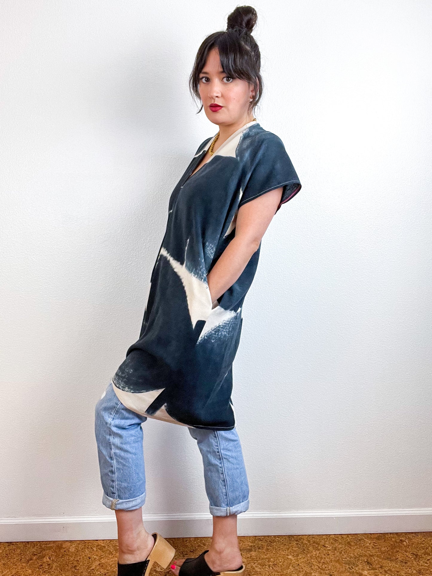 Hand-Dyed Mini Smock Dress Ecru Black Brush