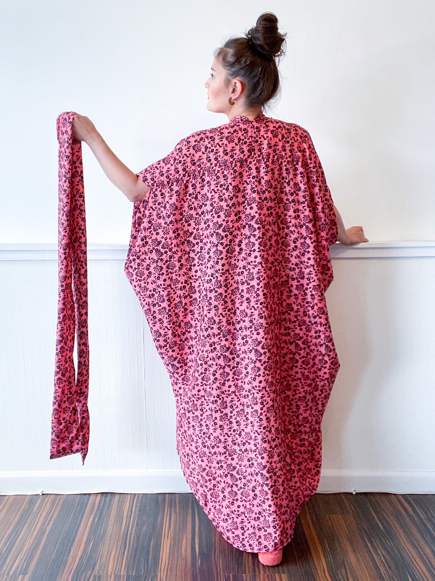 Print High Low Kimono Hot Pink Black Mini Floral Crepe de Chine