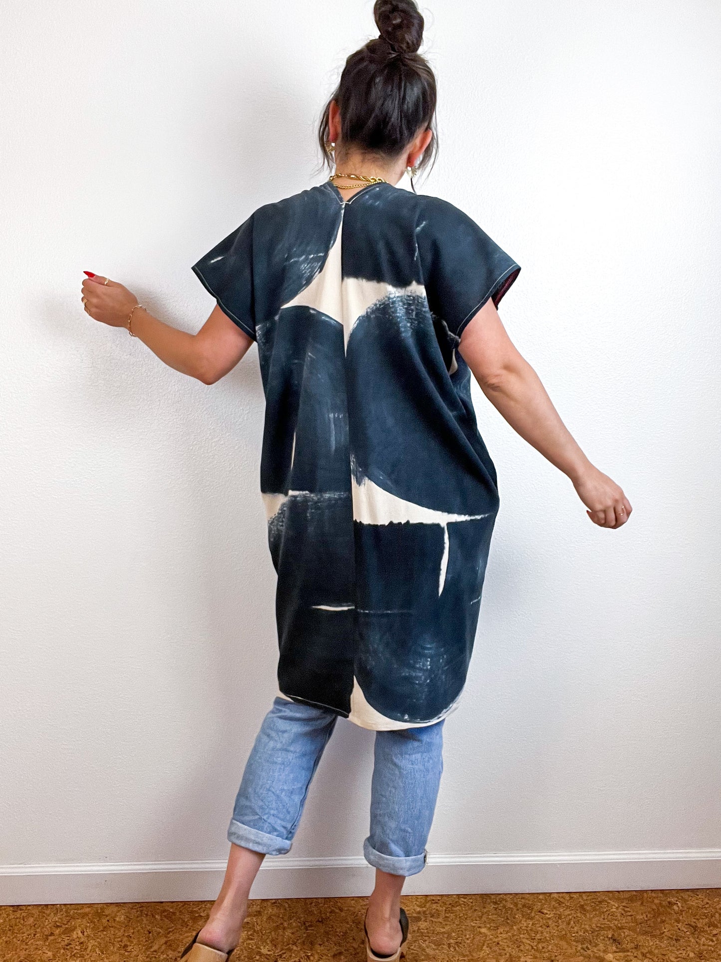 Hand-Dyed Mini Smock Dress Ecru Black Brush