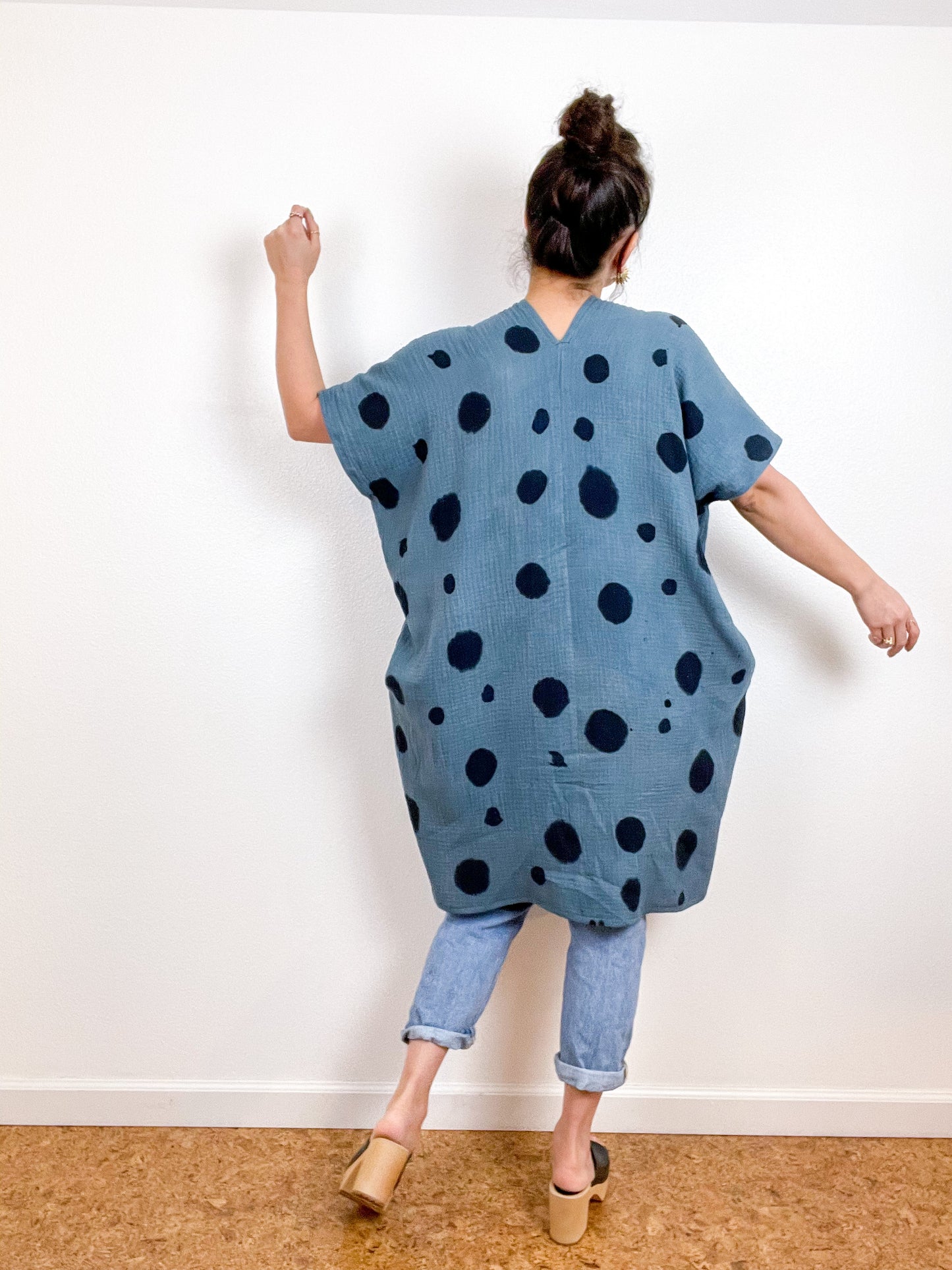 Hand-Dyed Double Gauze Smock Dress Spruce Dots