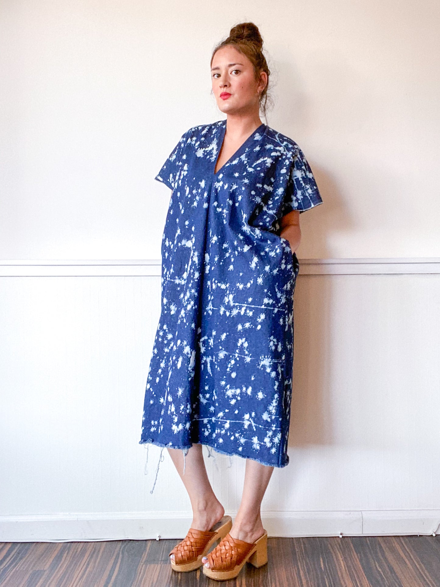 Denim Midi Smock Dress Bleach Speckle