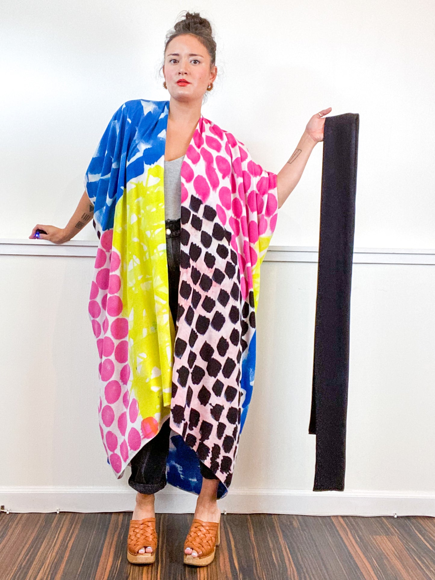 OOAK Hand-Dyed High Low Kimono Pink Raven Royal Lemon Brushstrokes