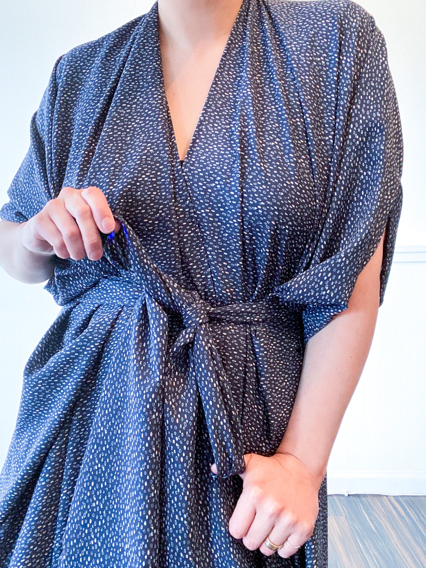 Print High Low Kimono Navy Mini Dots Crepe de Chine