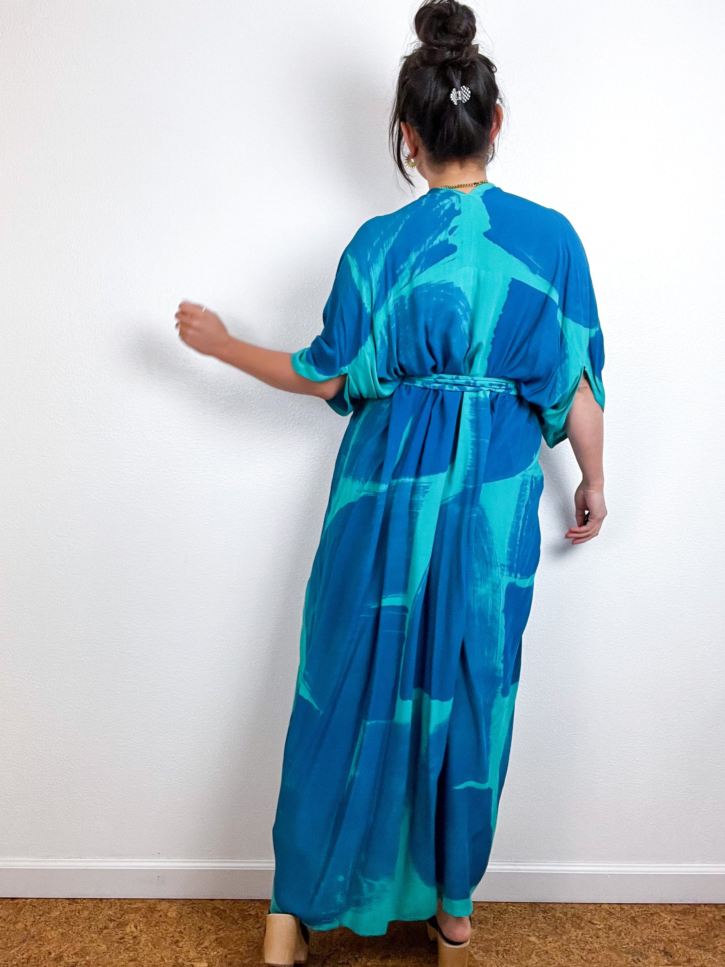 Hand-Dyed High Low Kimono Teal Blue Brushstroke