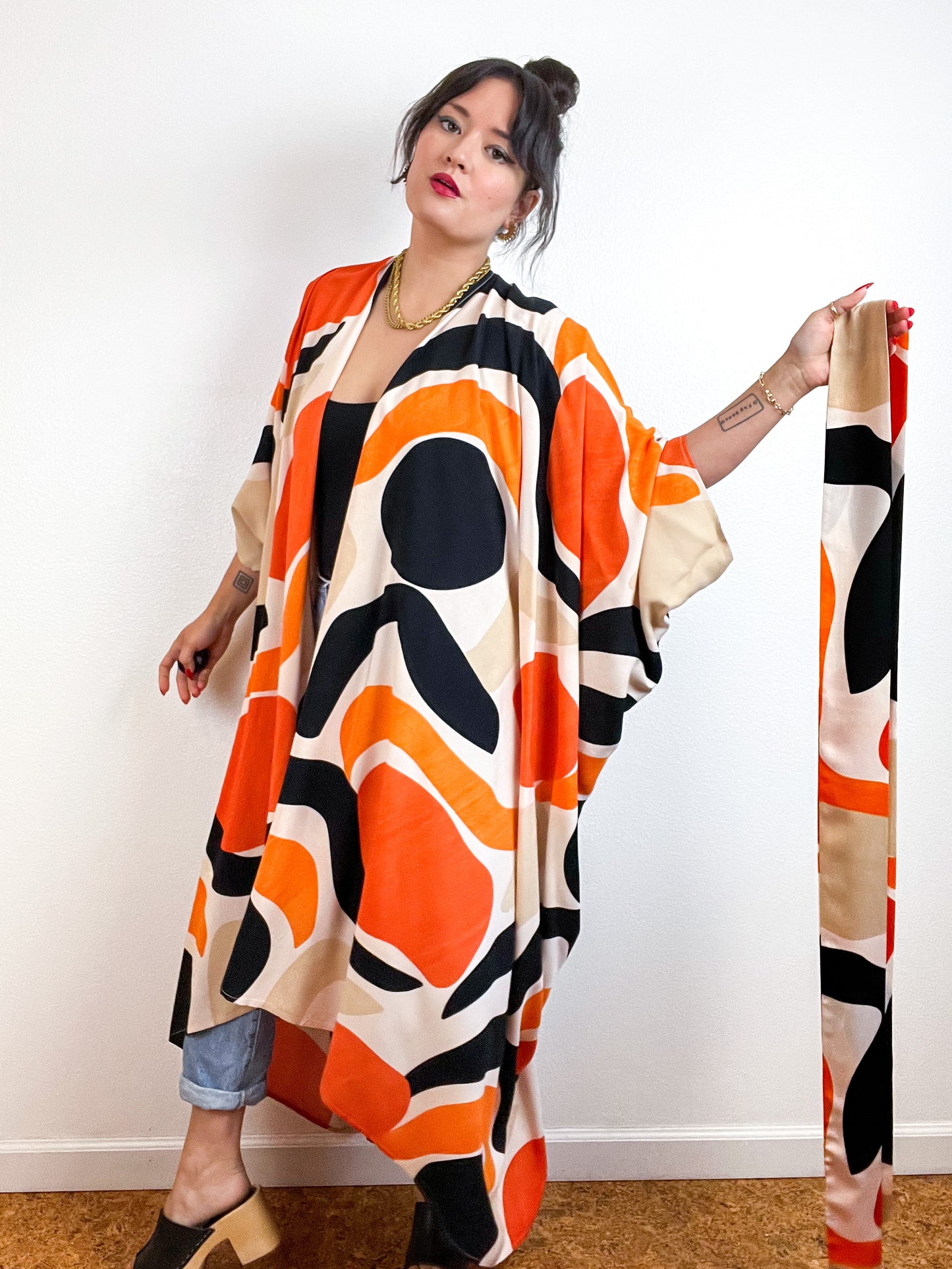 Print High Low Kimono Orange Mod Challis