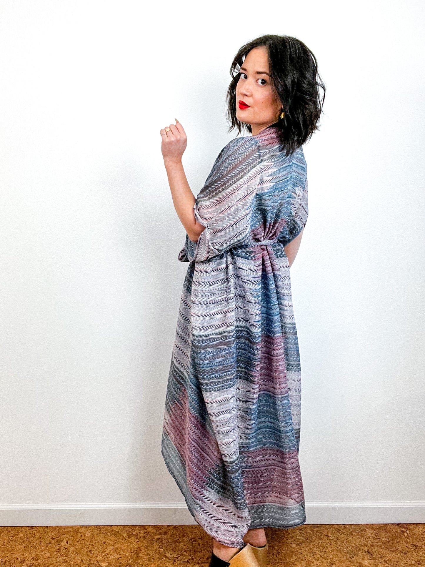 Print High Low Kimono Multi Herringbone Chiffon