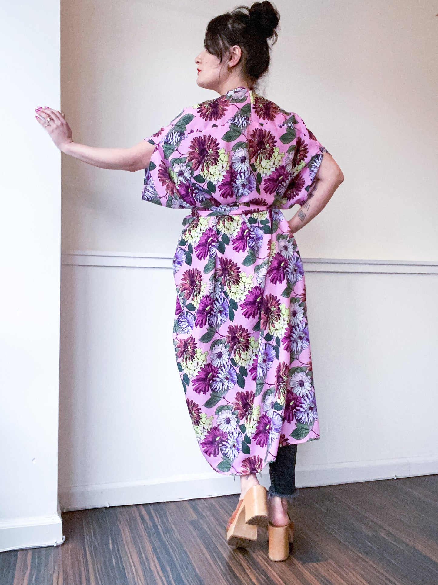 Print High Low Kimono Pink Daisy Floral