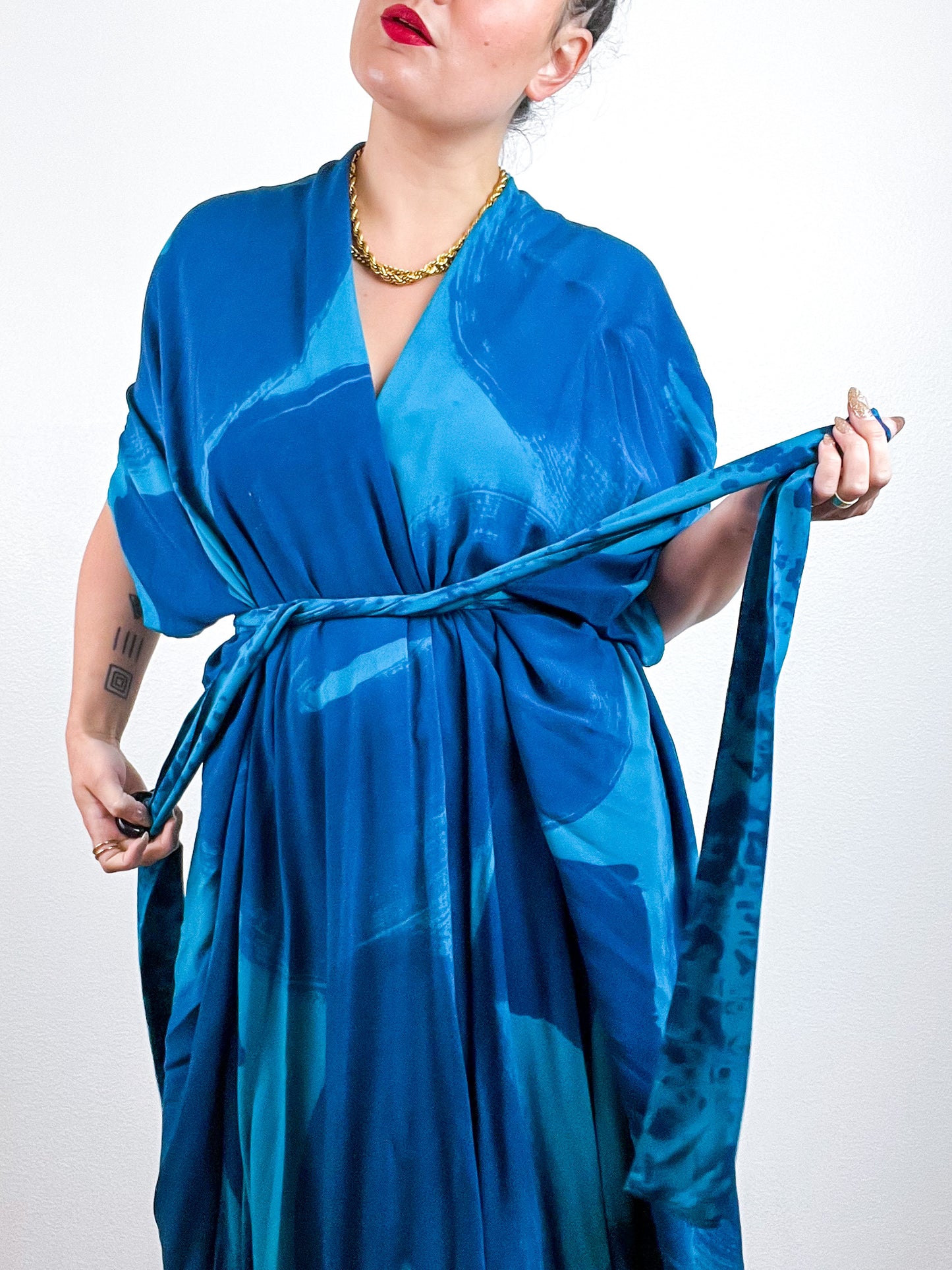 Hand-Dyed High Low Kimono Turquoise Indigo Brushstroke