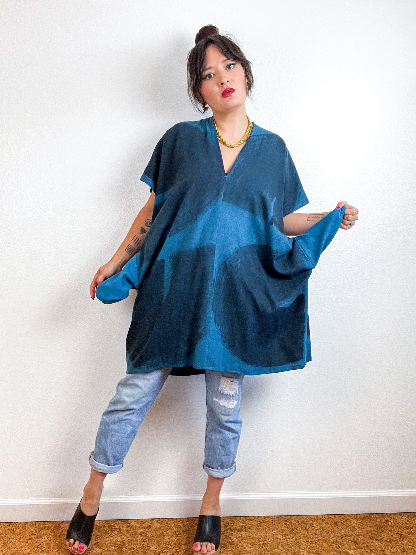 Hand-Dyed Mini Smock Dress Teal Black Brush