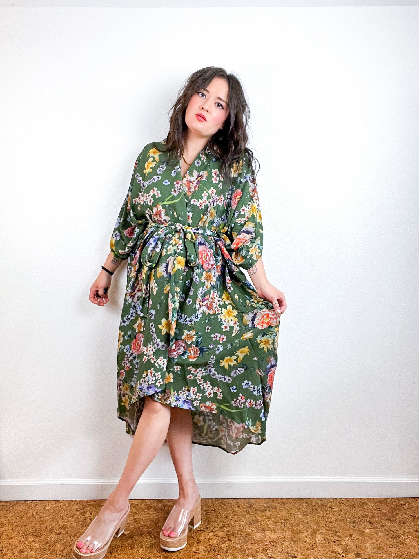 High Low Kimono Olive Rayon Crepe