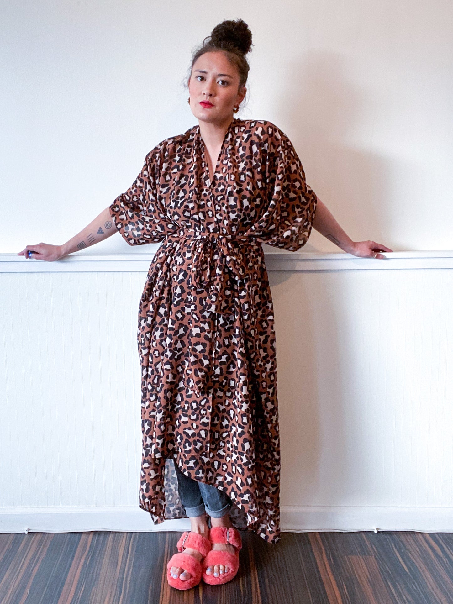 Print High Low Kimono Leopard Crinkle Double Chiffon