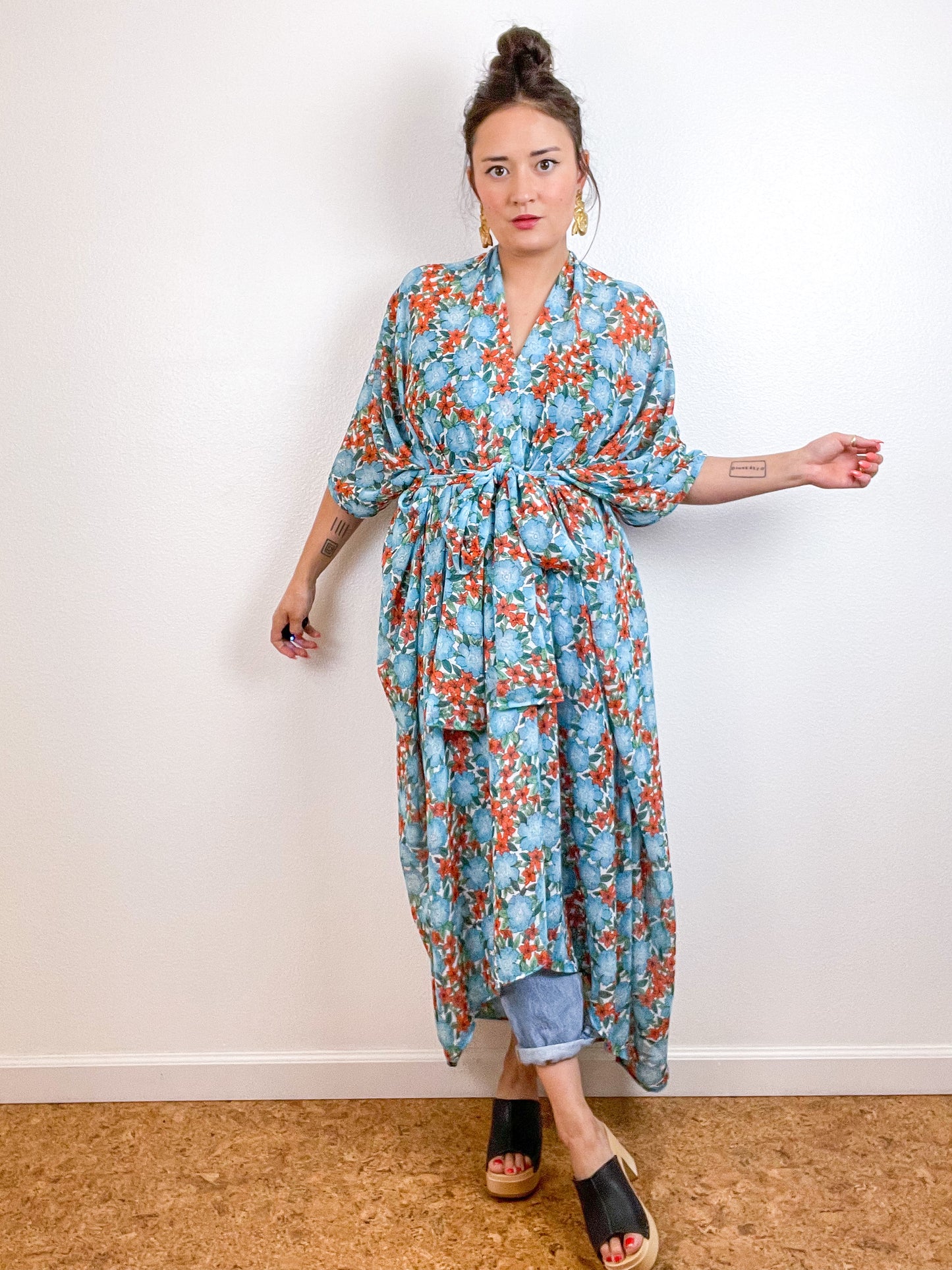 Print High Low Kimono Turquoise Pansy Floral Chiffon