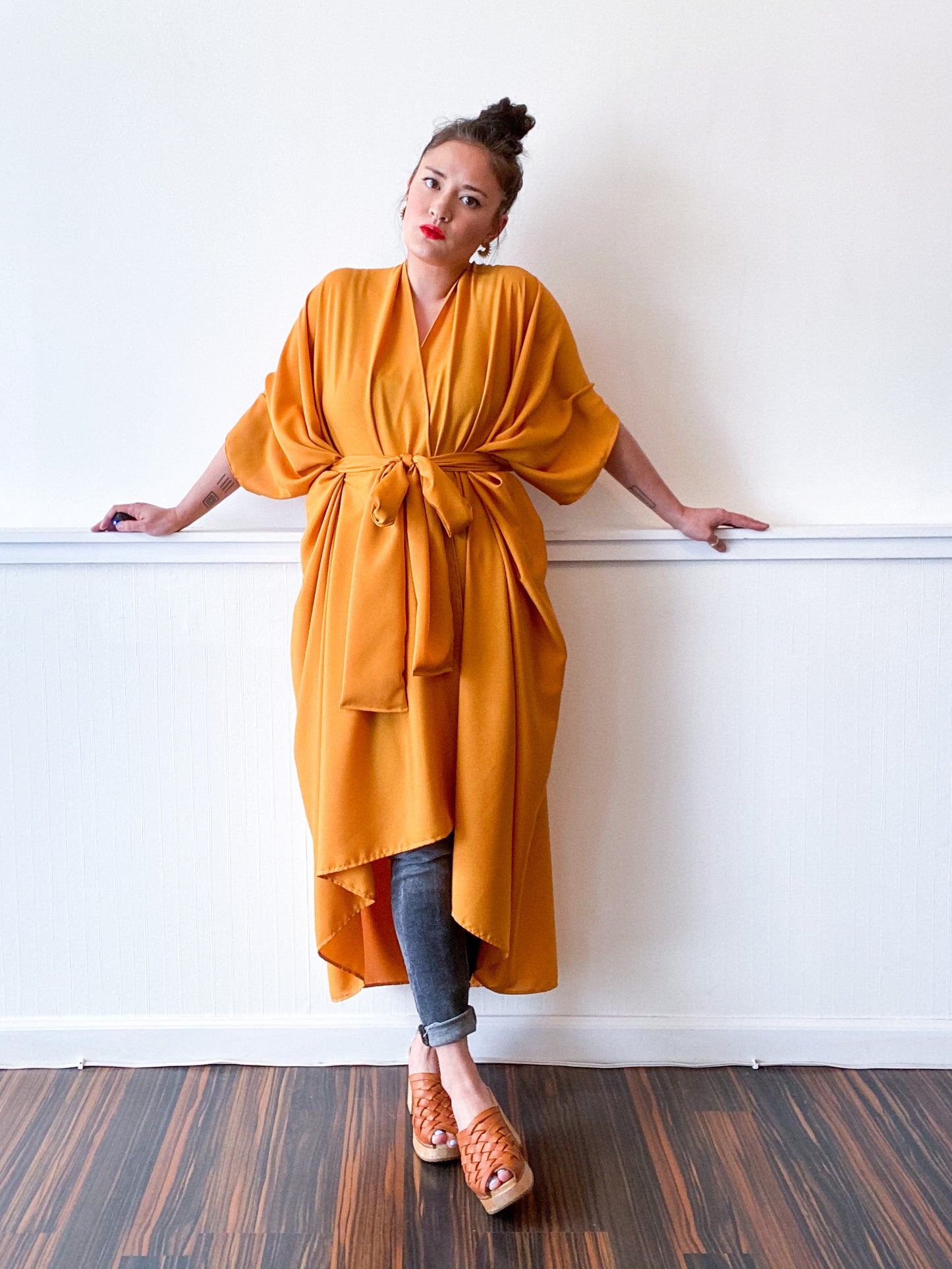 Print High Low Kimono Solid Marigold Crepe de Chine